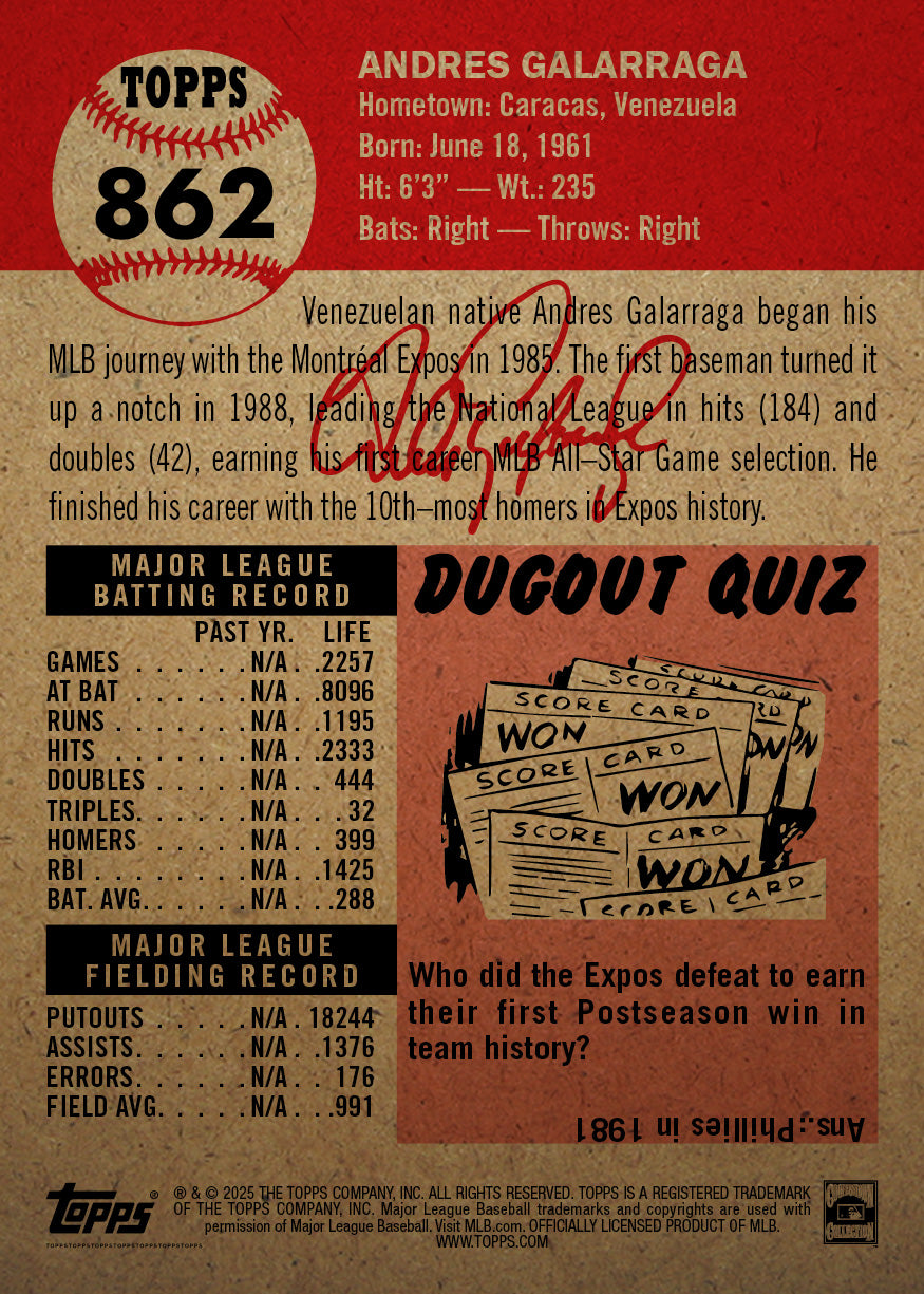 Andres Galarraga - 2025 MLB Living Set® - Card 862 - PR: 1239