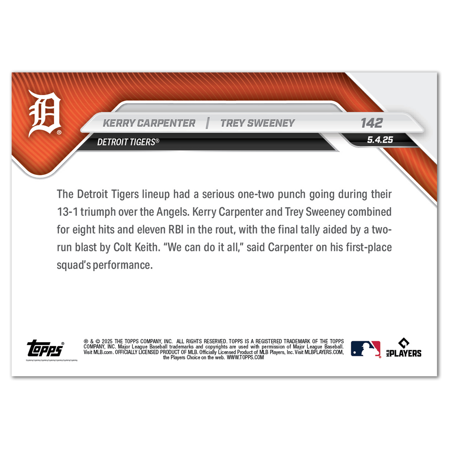 Kerry Carpenter/Trey Sweeney - 2025 MLB Topps NOW® - Card 142 - PR: 650