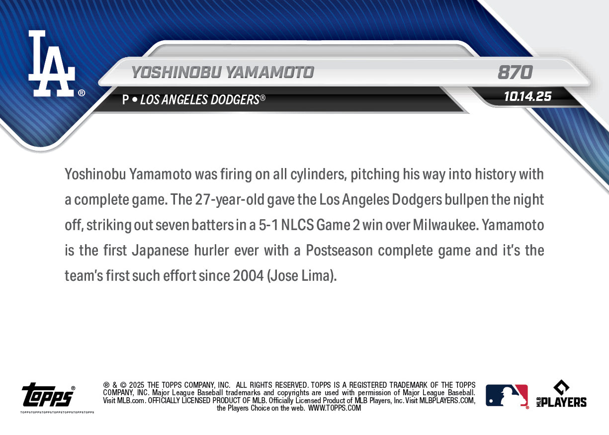 Yoshinobu Yamamoto - 2025 MLB Topps NOW® - Card 870 - PR: 16505