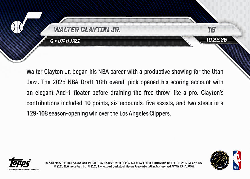 Walter Clayton Jr. - 2025-26 NBA Topps NOW® - Card 16 - PR: 764