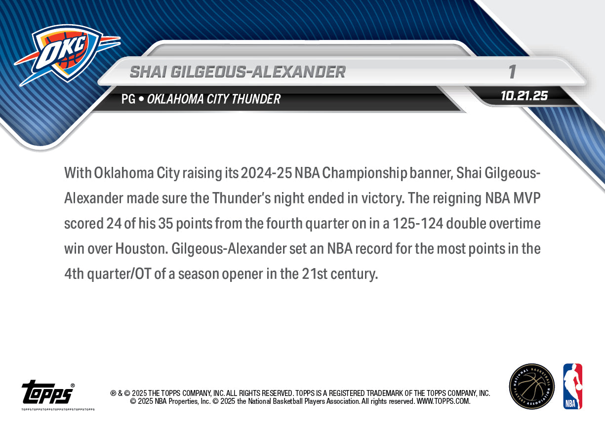 Shai Gilgeous-Alexander - 2025-26 NBA Topps NOW® - Card 1 - PR: 7695