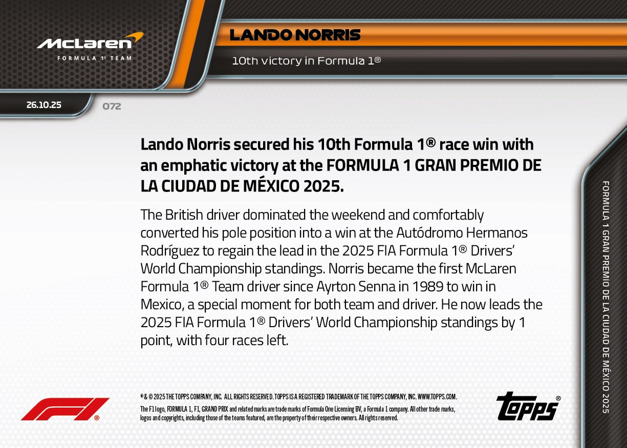 Lando Norris - 2025 Formula 1® Topps NOW® - Card 72 - PR: 4039