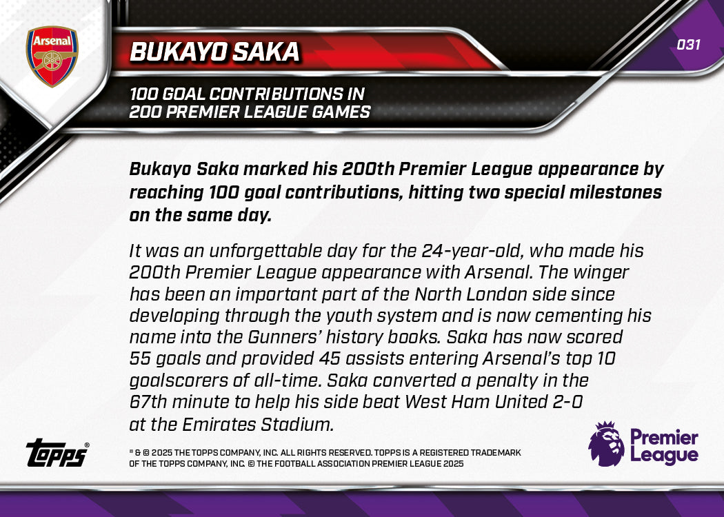 Bukayo Saka - 2025-26 Premier League Topps NOW® - Card 31 - PR: 1025