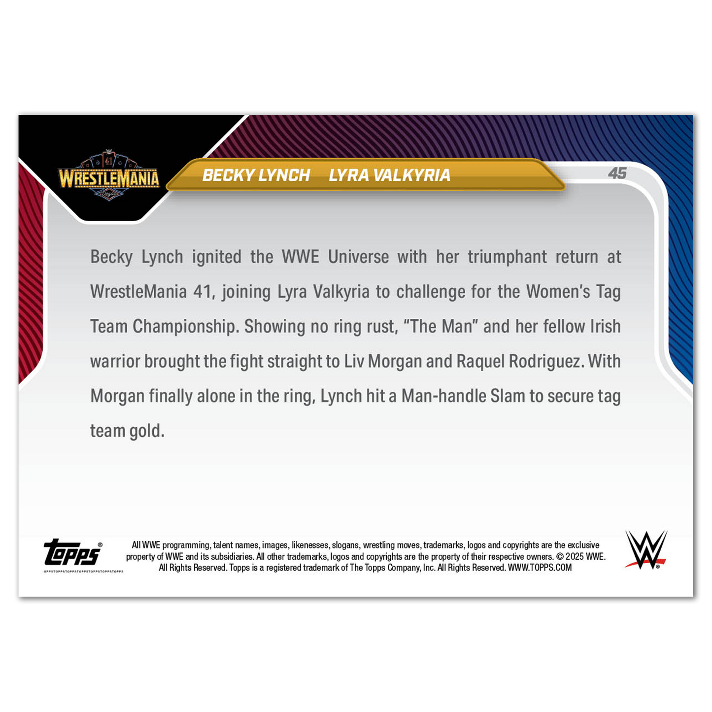 Becky Lynch/Lyra Valkyria - 2025 WWE Topps NOW® - Card 45 - PR: 1408