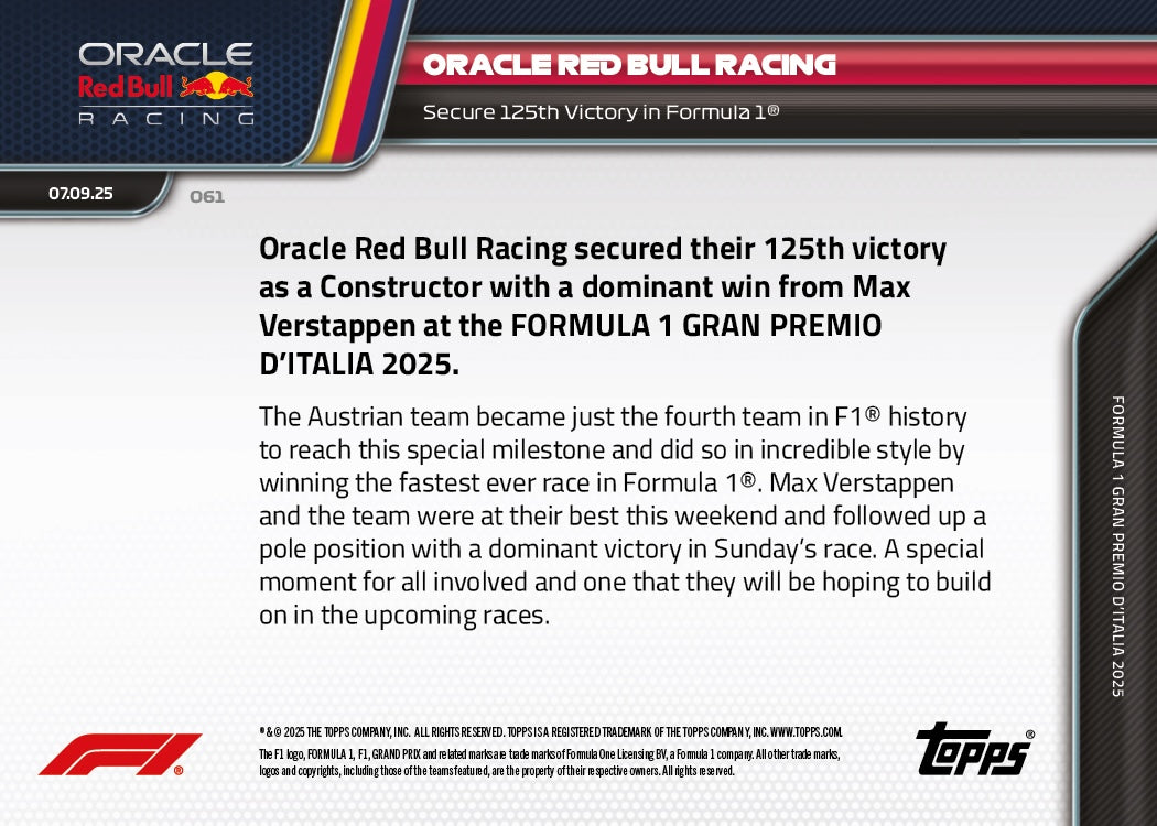 Oracle Red Bull Racing - 2025 Formula 1® Topps NOW® - Card 61 - PR: 1144