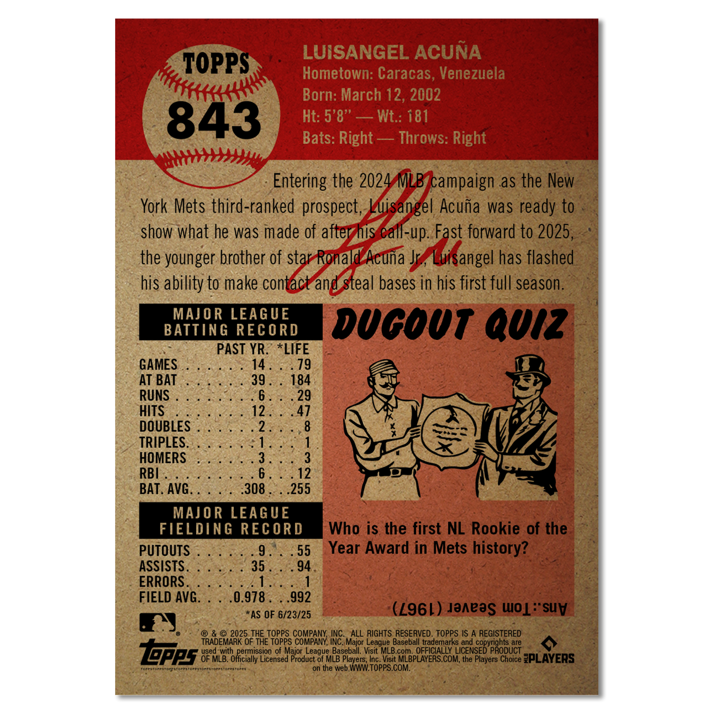 Luisangel Acuña - 2025 MLB® Living Set® - Card 843 - PR: 1609