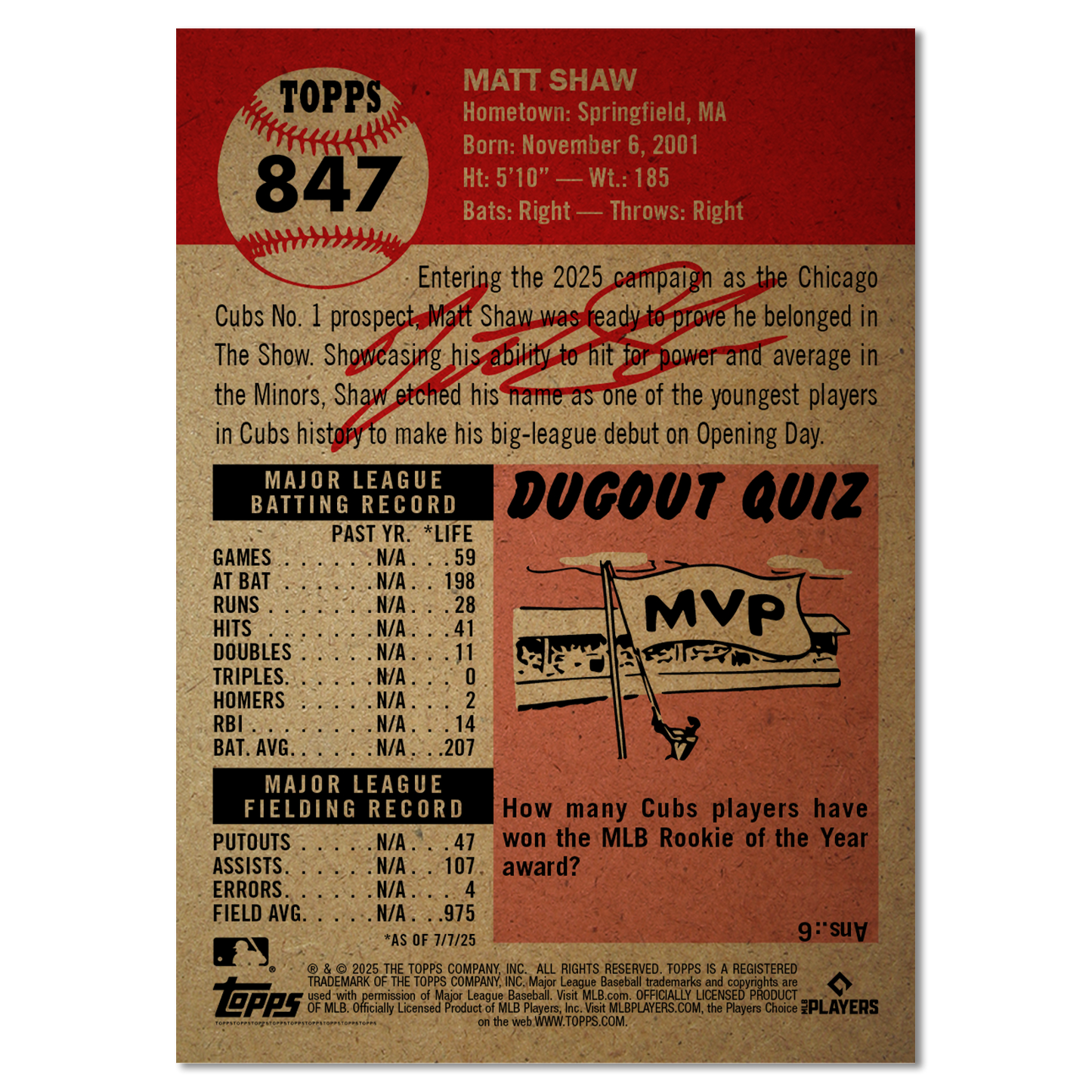 Matt Shaw - 2025 MLB Living Set®- Card 847 - PR: 1686