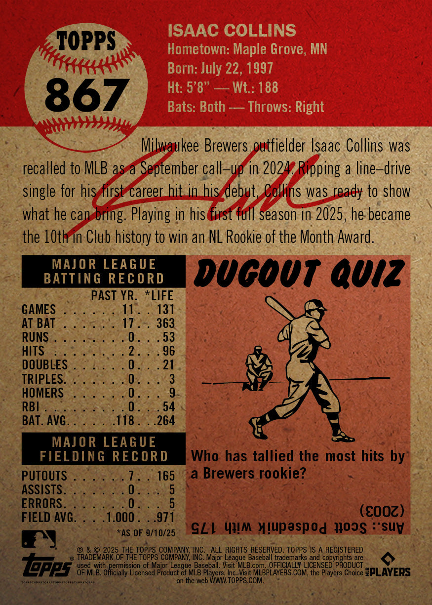 Isaac Collins - 2025 MLB Living Set® - Card 867 - PR: 1394