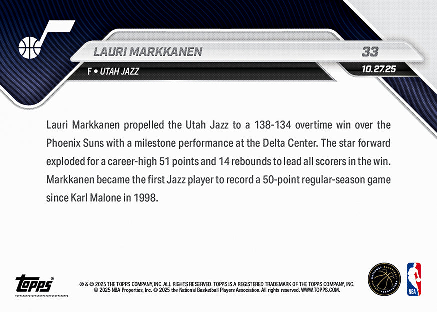 Lauri Markkanen - 2025-26 NBA Topps NOW® - Card 33 - PR: 433