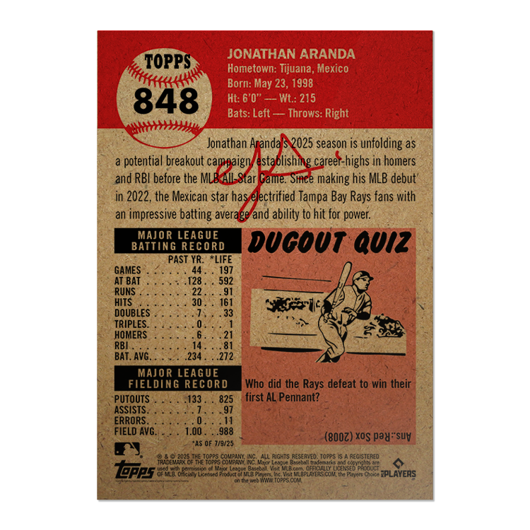 Jonathan Aranda - 2025 MLB Living Set®- Card 848 - PR: 1155