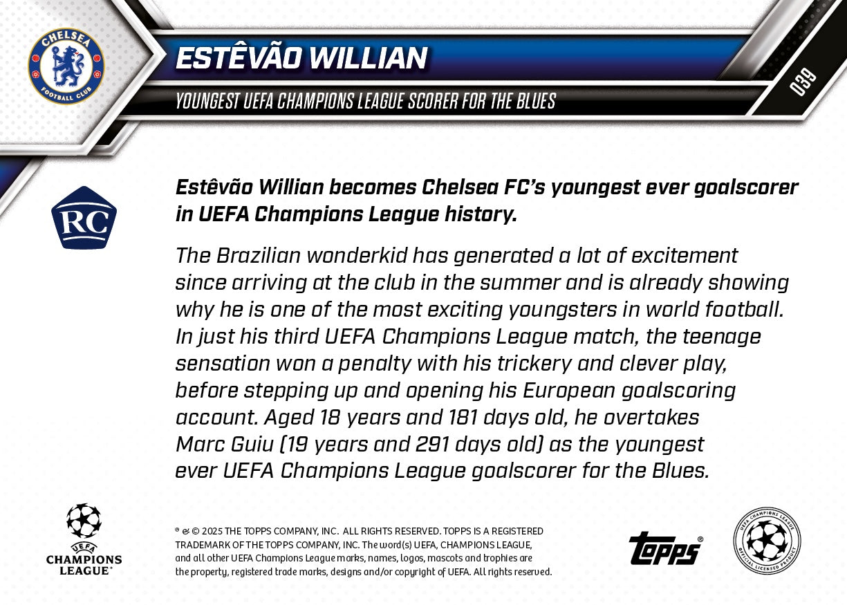 Estêvão Willian - 2025-26 UCL Topps NOW® - Card 39 - PR: 3182