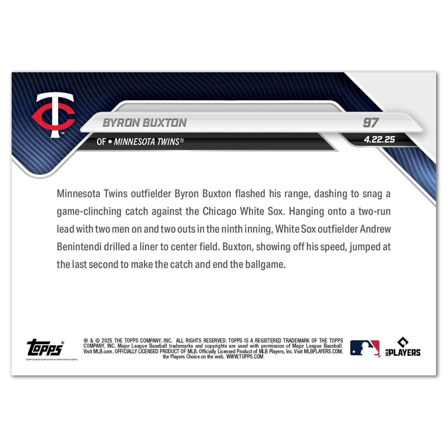 Byron Buxton - 2025 MLB Topps NOW® - Card 97 - PR: 439