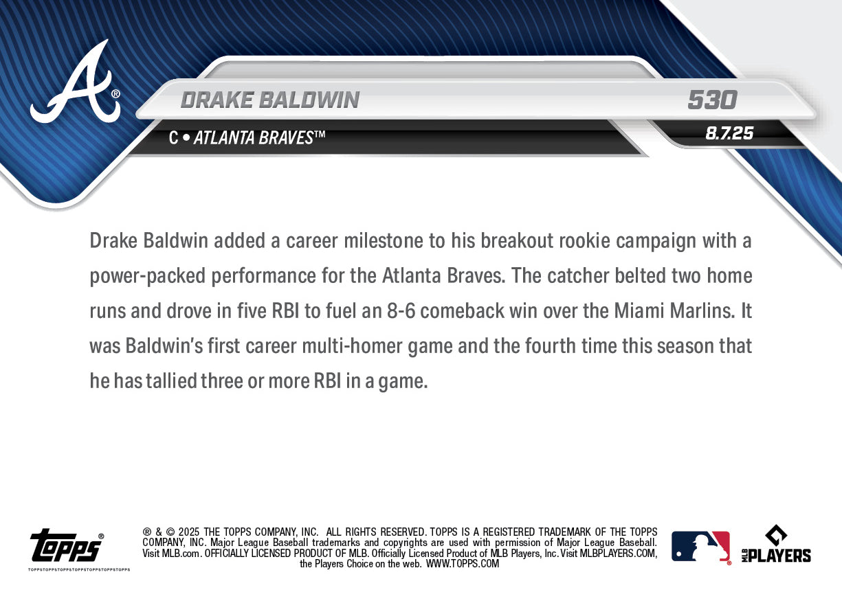 Drake Baldwin - 2025 MLB Topps NOW® - Card 530 - PR: 1070