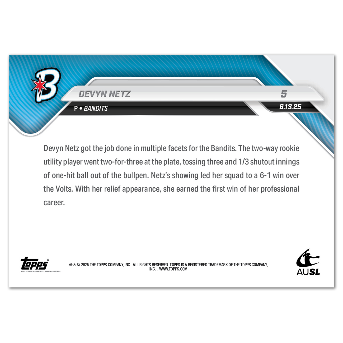 Devyn Netz - 2025 AUSL Topps NOW® - Card 5 - PR: 709