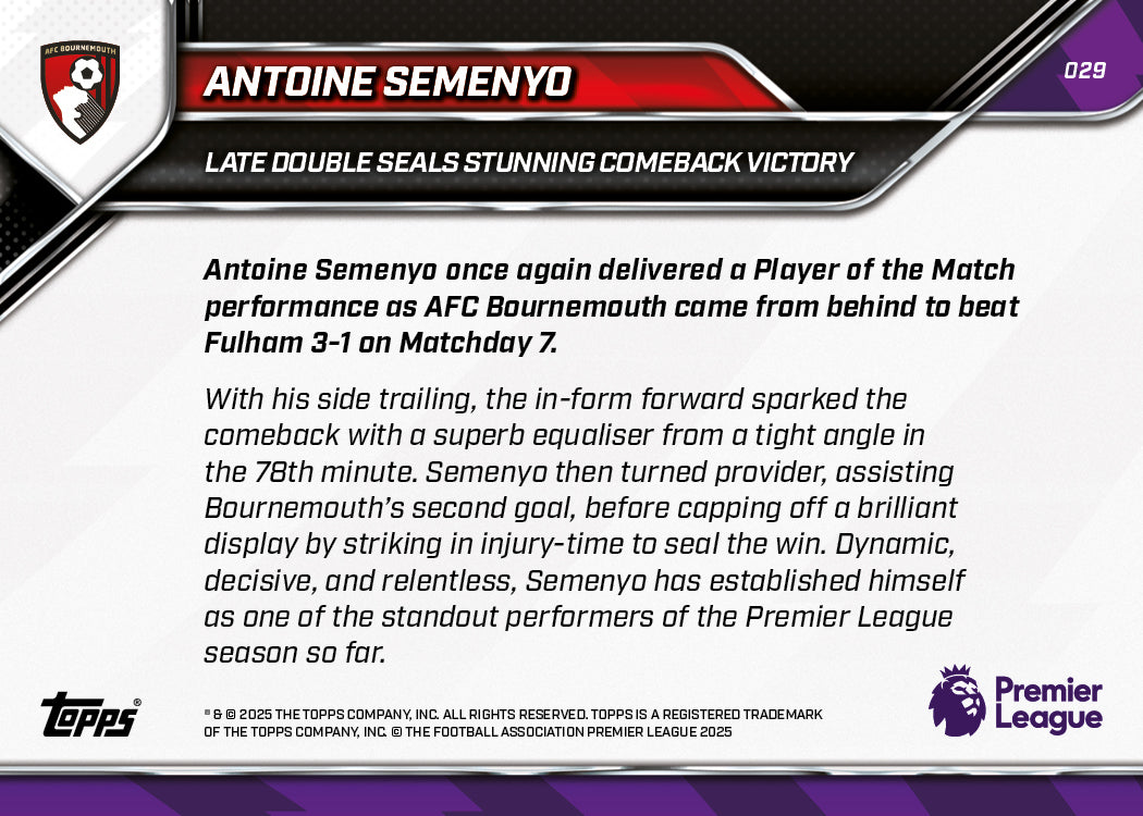 Antoine Semenyo - 2025-26 Premier League Topps NOW® - Card 29 - PR: 278