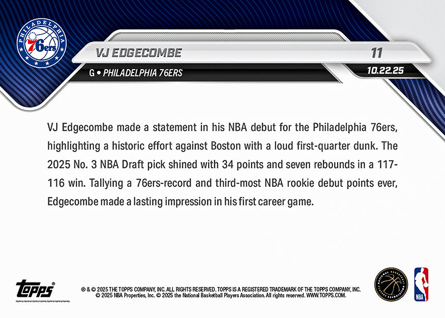 VJ Edgecombe - 2025-26 NBA Topps NOW® - Card 11 - PR: 17761