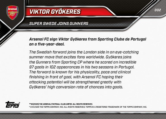 Viktor Gyökeres - 2025 Arsenal FC Topps NOW® - Card 2 - PR: 2605
