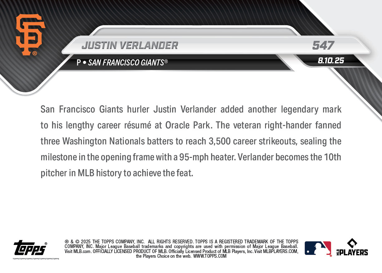 Justin Verlander - 2025 MLB Topps NOW® - Card 547 - PR: 1604