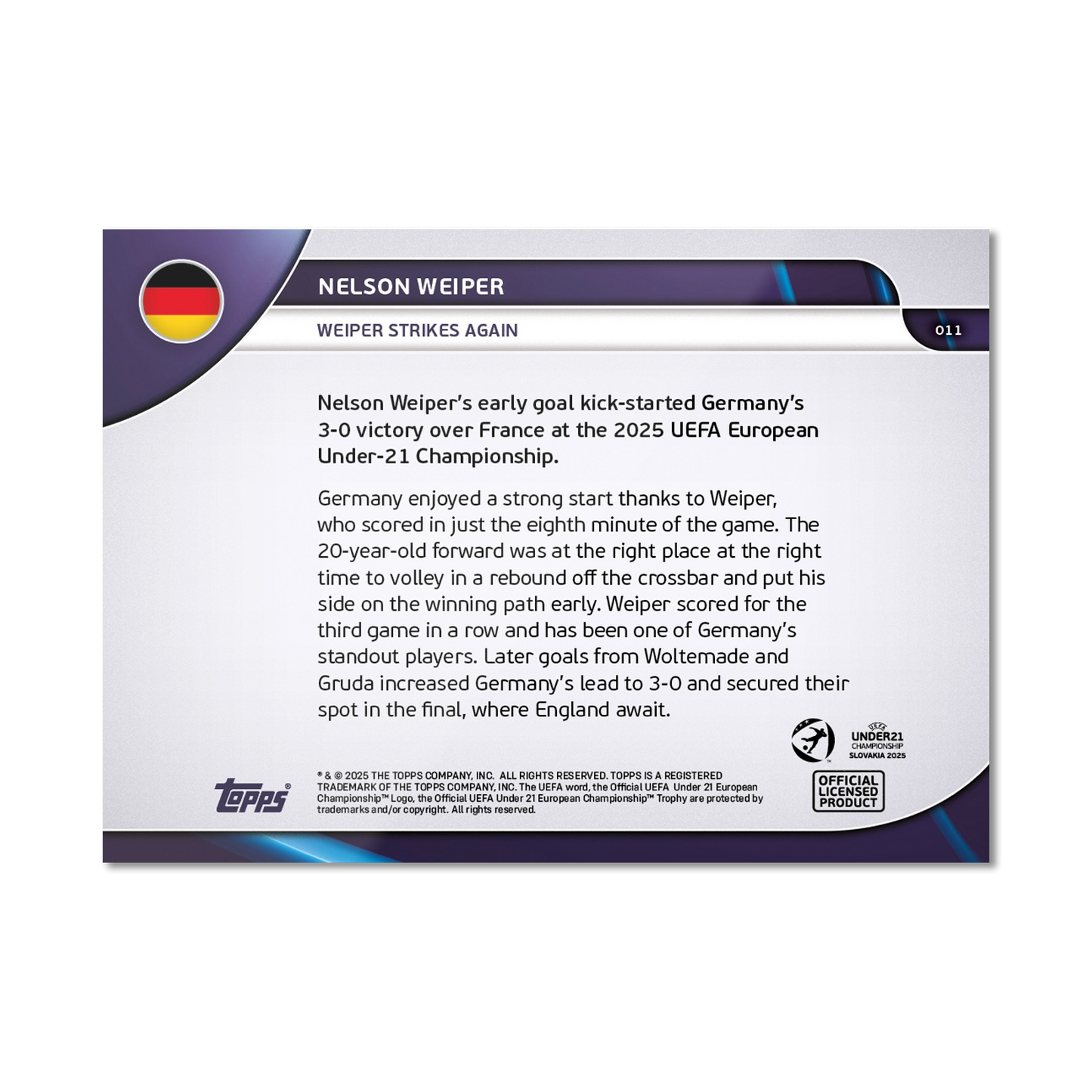Nelson Weiper - 2025 UEFA Euro U-21 Topps NOW® - Card 11 - PR: 99