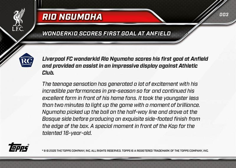 Rio Ngumoha - 2024-25 Liverpool Topps NOW® - Card 3 - PR: 8991