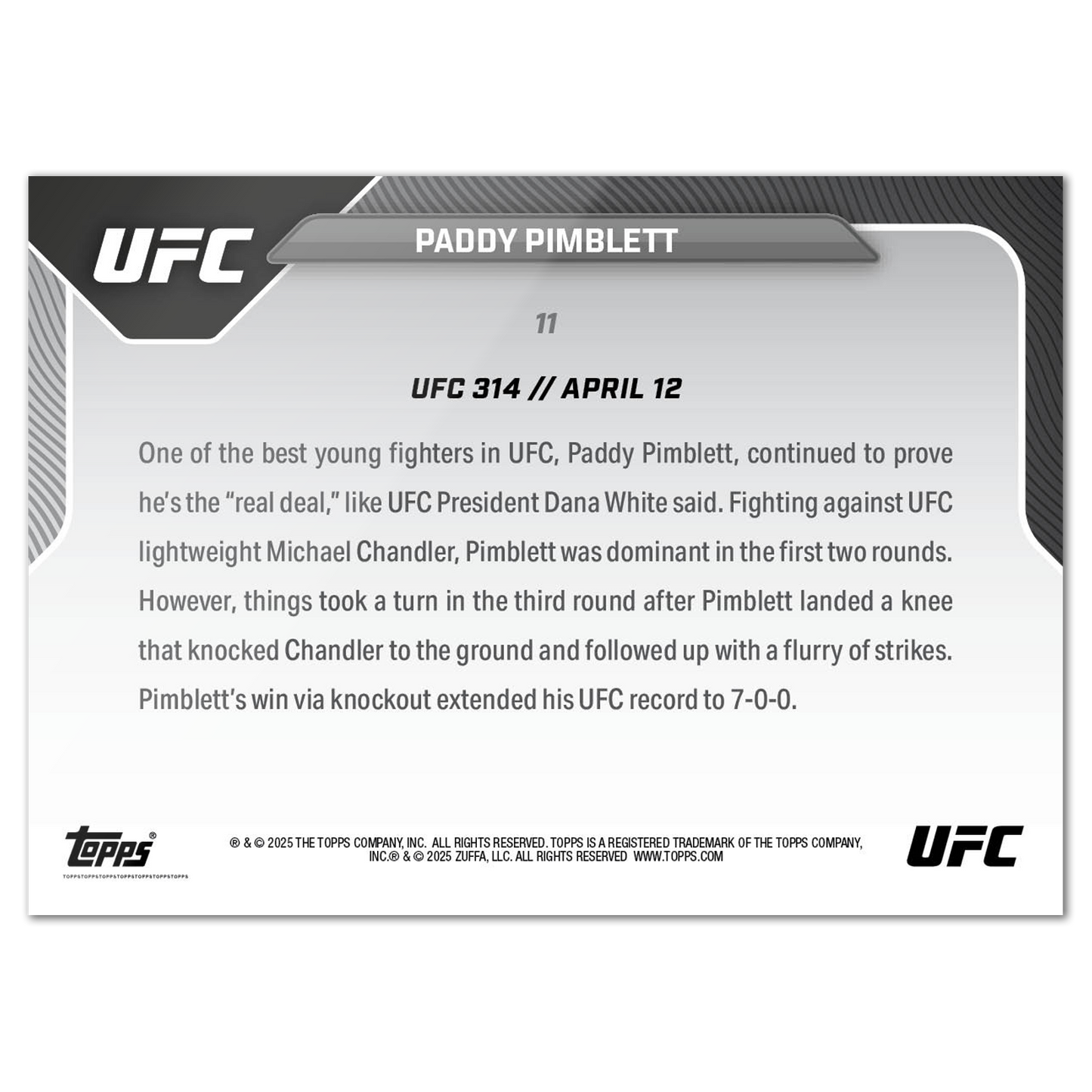 Paddy Pimblett - 2025 UFC Topps NOW® - Card 11 - LOOK FOR AUTOS - PR: 2057