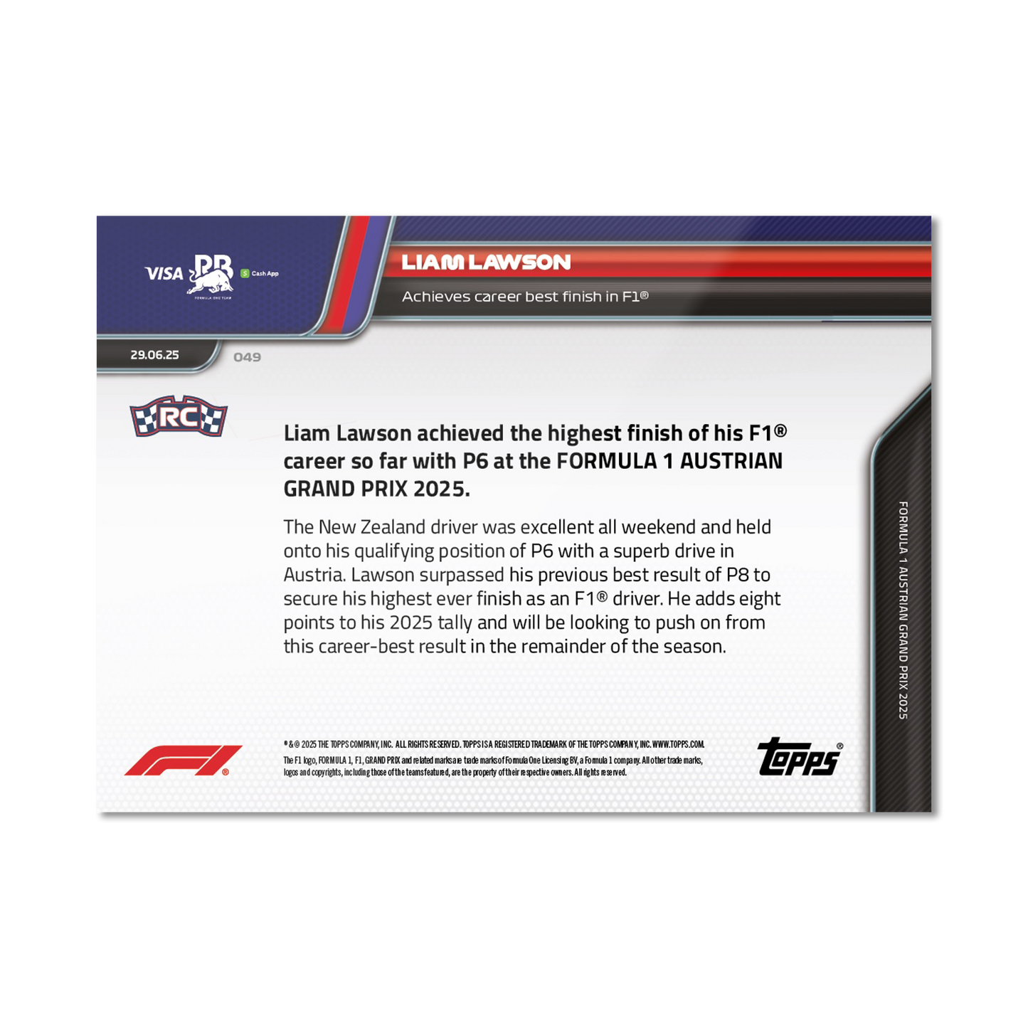 Liam Lawson - 2025 Formula 1® Topps NOW® - Card 49 - PR: 798