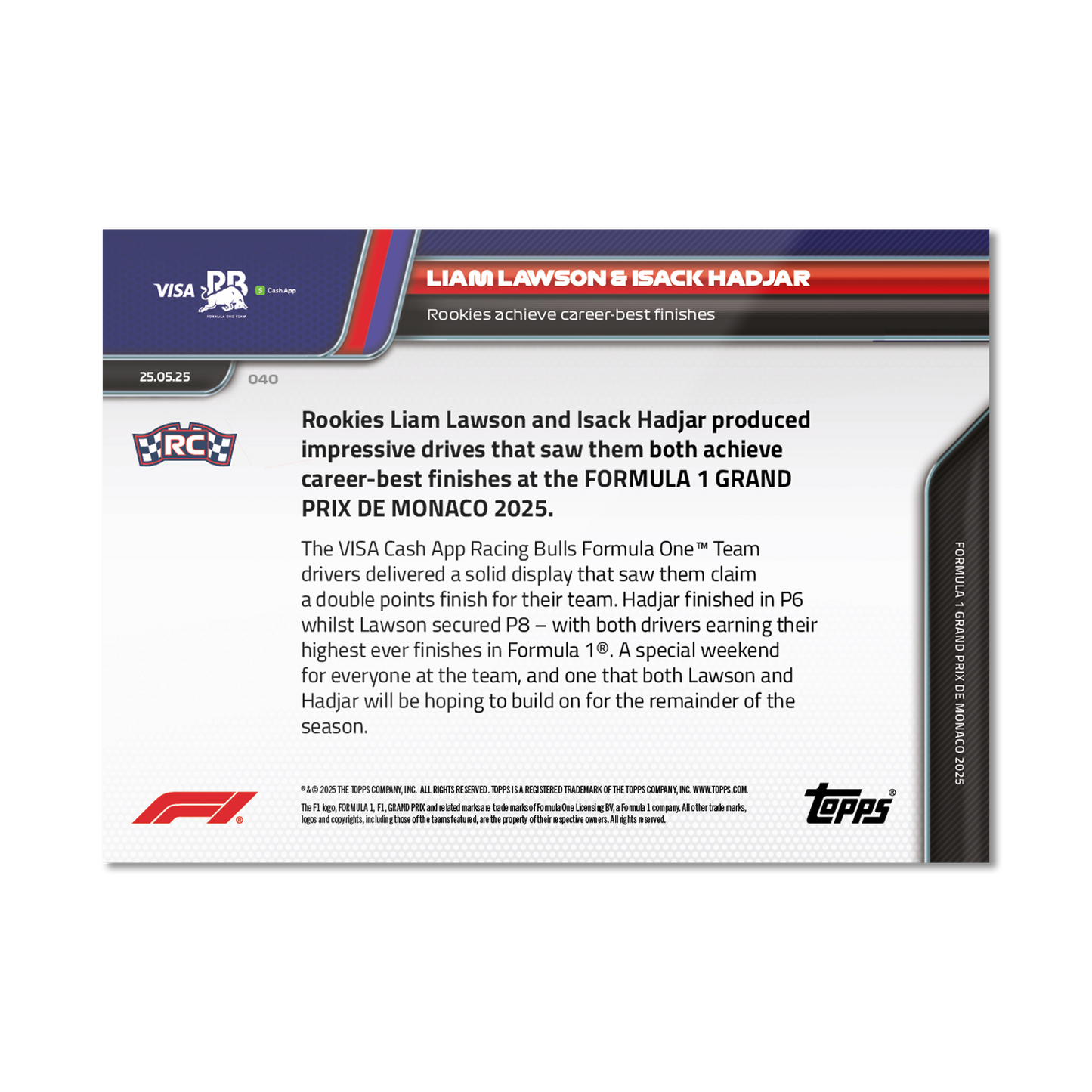 Liam Lawson & Isack Hadjar - 2025 Formula 1® Topps NOW® - Card 40 - PR: 991