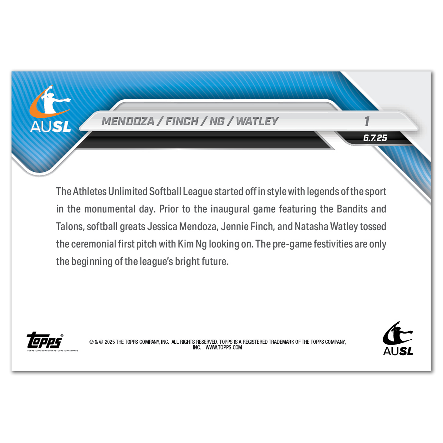 Jessica Mendoza/Jennie Finch/Kim Ng/Natasha Watley - 2025 AUSL Topps NOW® - Card 1 - LOOK FOR AUTOS - PR: 1782