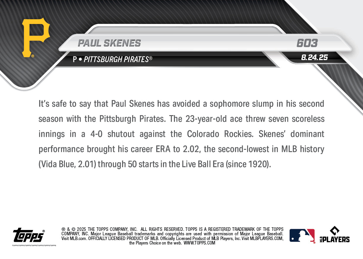 Paul Skenes - 2025 MLB Topps NOW® - Card 603 - PR: 4298