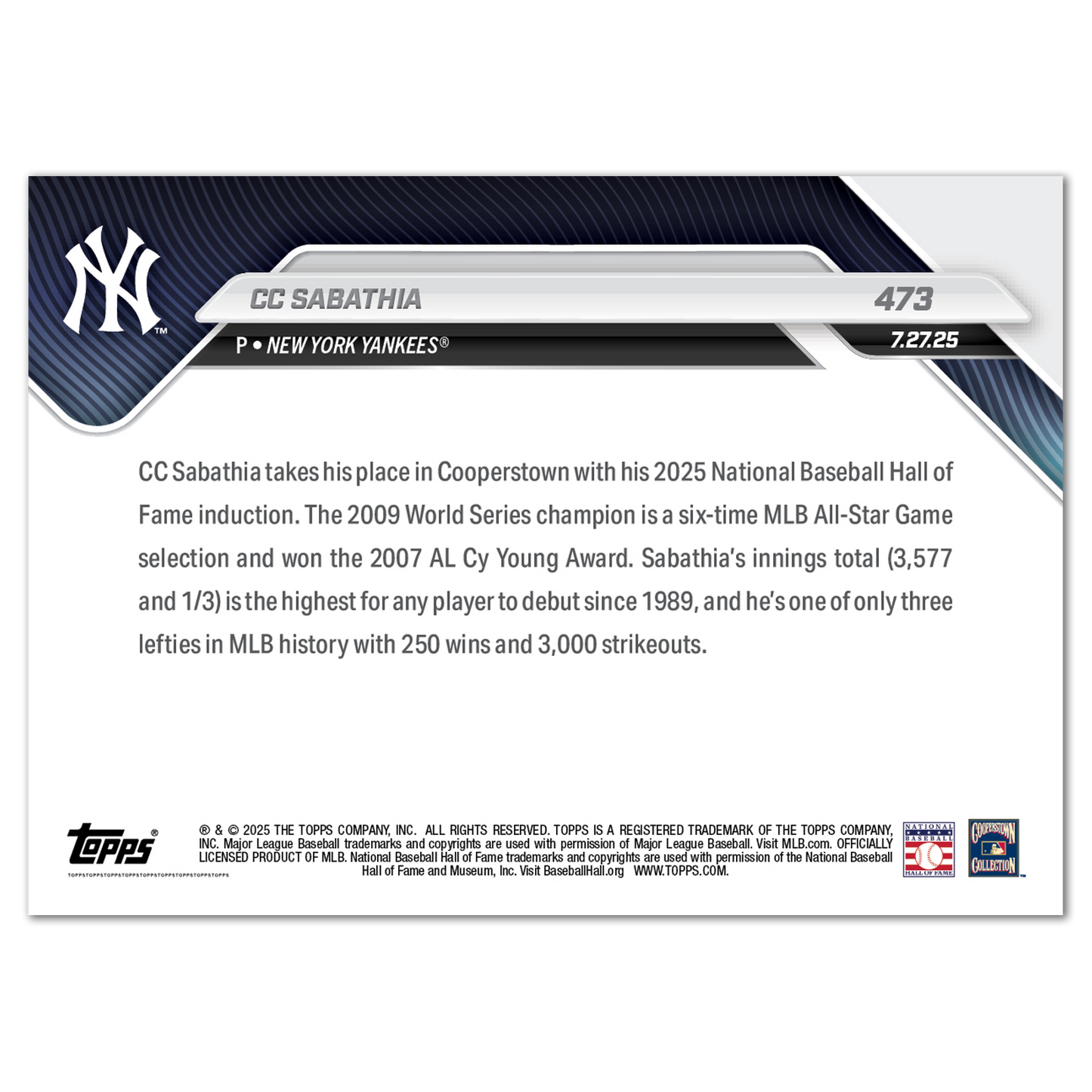 CC Sabathia - 2025 MLB Topps NOW® - Card 473 - LOOK FOR AUTOS - PR: 2144