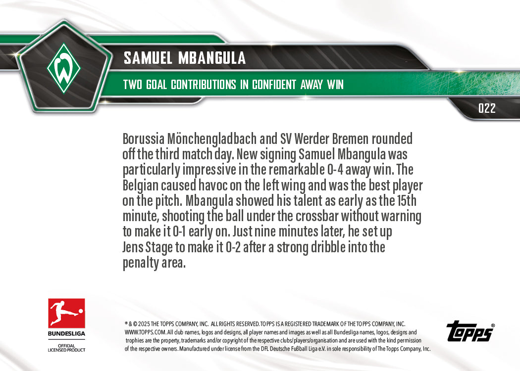 Samuel Mbangula - 2025-26 Bundesliga Topps NOW® - Card 22 - PR: 326
