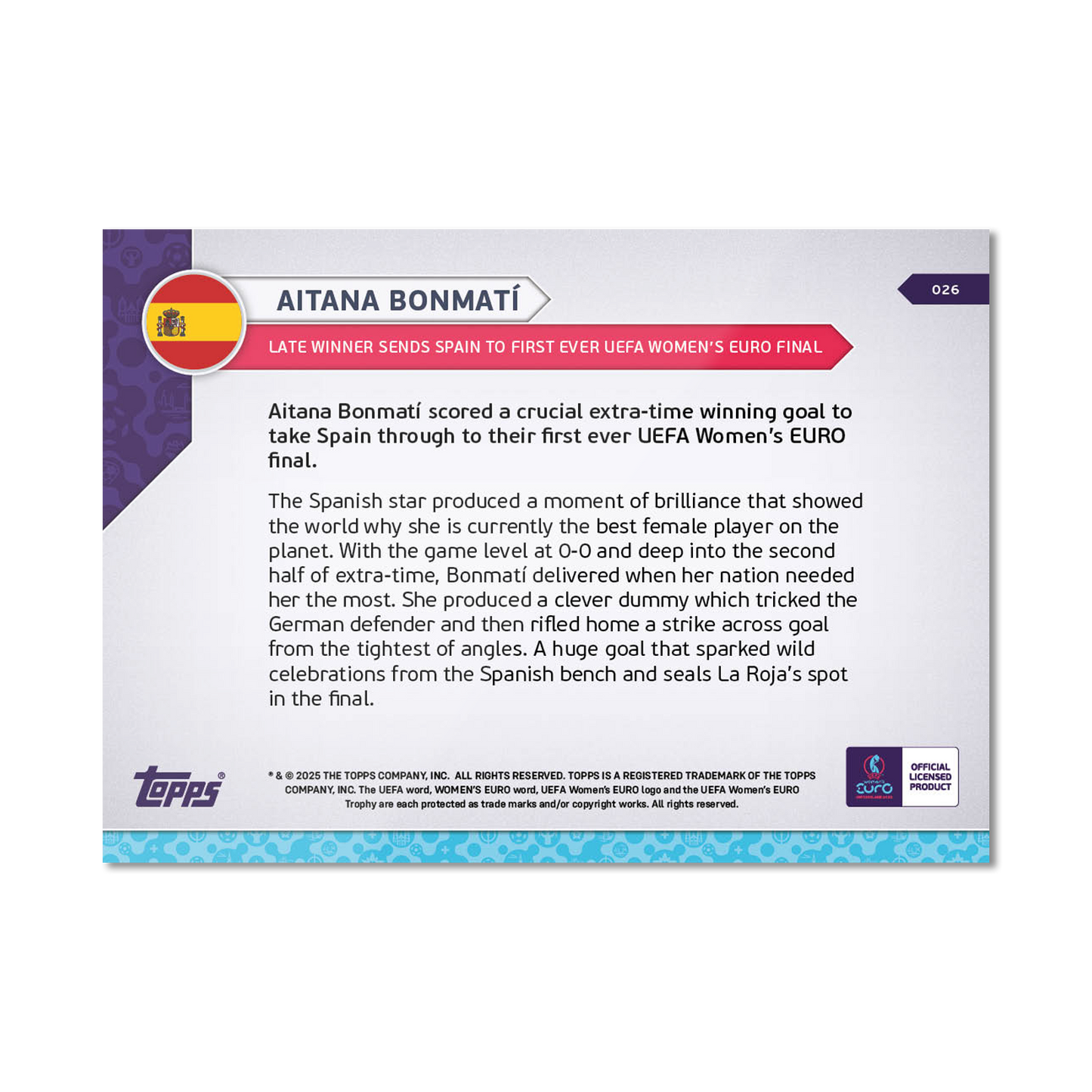 Aitana Bonmatí - UEFA Women’s EURO 2025™ Topps NOW® - Card 26 - PR: 837