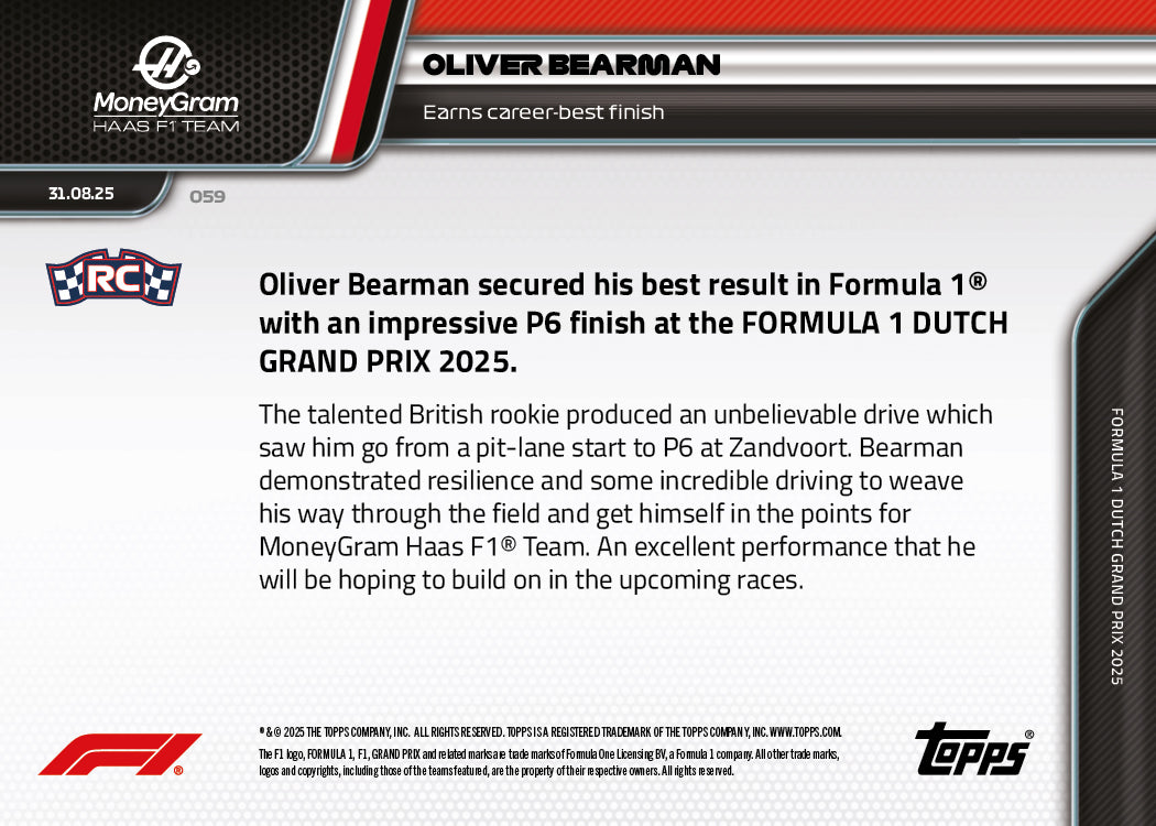 Oliver Bearman - 2025 Formula 1® Topps NOW® - Card 59 - PR: 2017