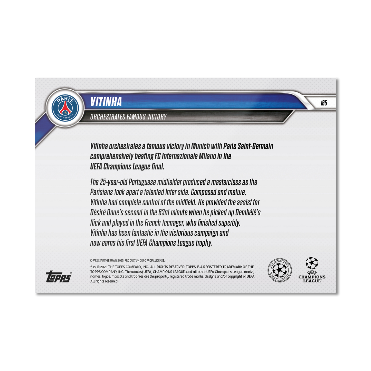 Vitinha - 2024-25 UCL Topps NOW® - Card 165 - LOOK FOR AUTO-RELIC - PR: 1025