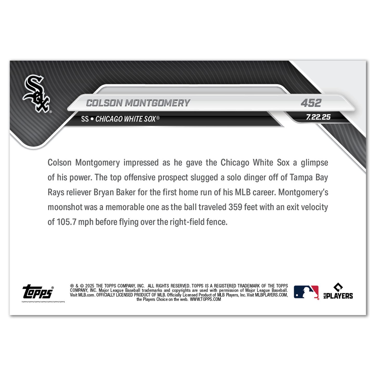 Colson Montgomery - 2025 MLB Topps NOW® - Card 452 - PR: 896