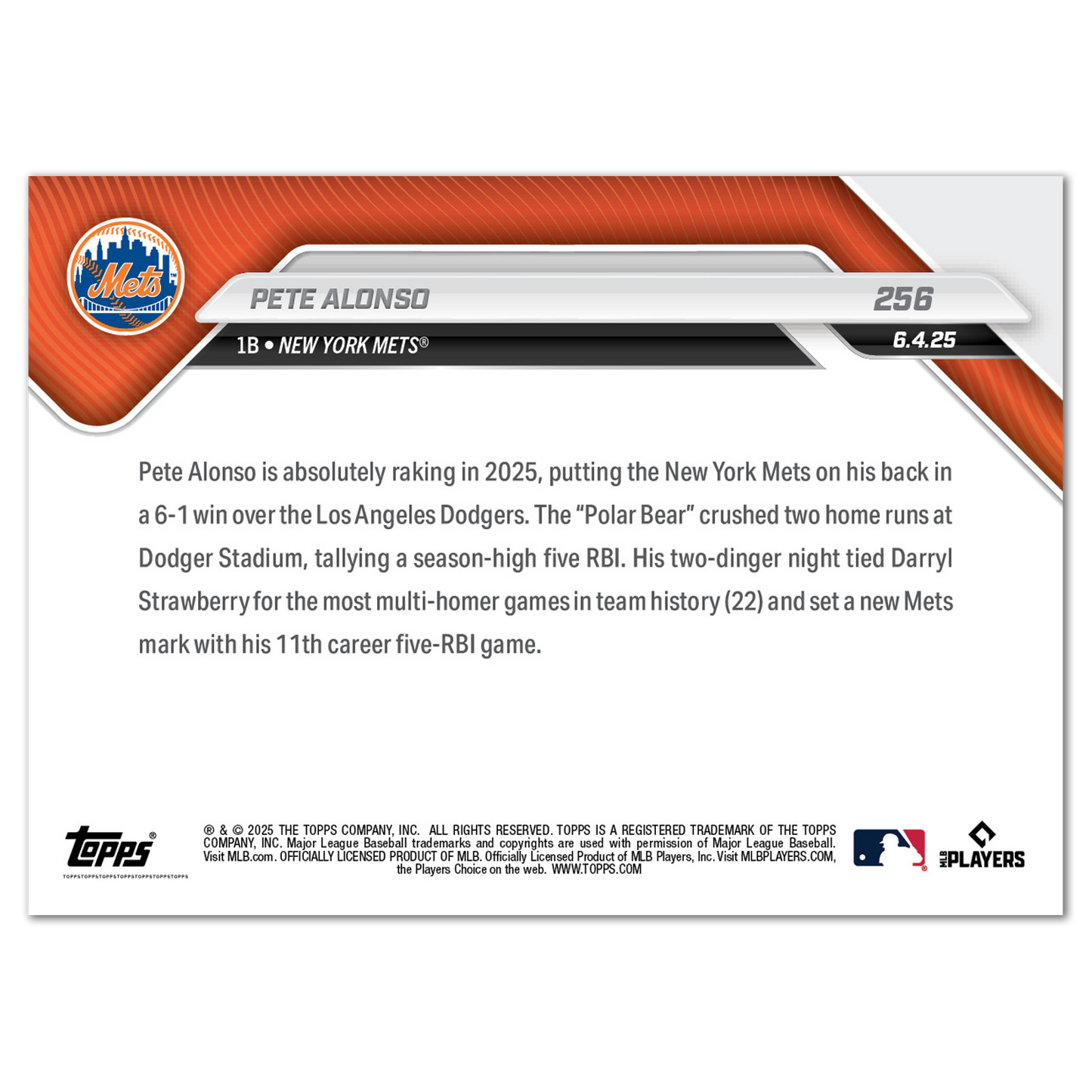 Pete Alonso - 2025 MLB Topps NOW® - Card 256 - PR: 766