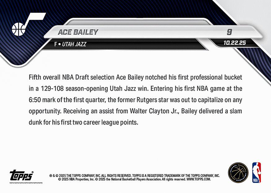 Ace Bailey - 2025-26 NBA Topps NOW® - Card 9 - PR: 2453