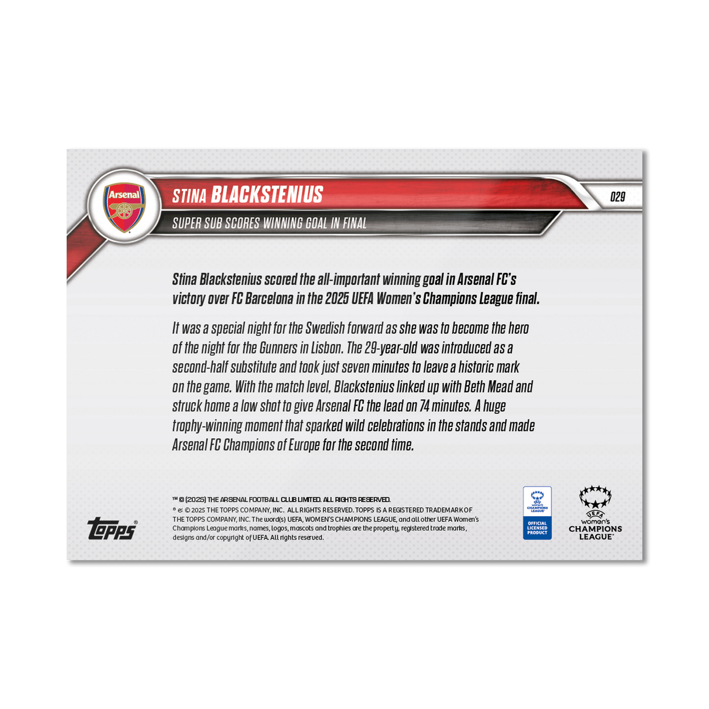 Stina Blackstenius - 2024-25 UWCL Topps NOW® - Card 29 - LOOK FOR RELICS - PR: 1115
