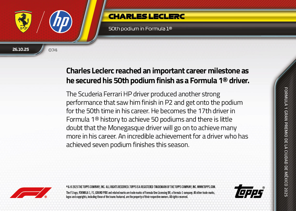 Charles Leclerc - 2025 Formula 1® Topps NOW® - Card 74 - PR: 3675