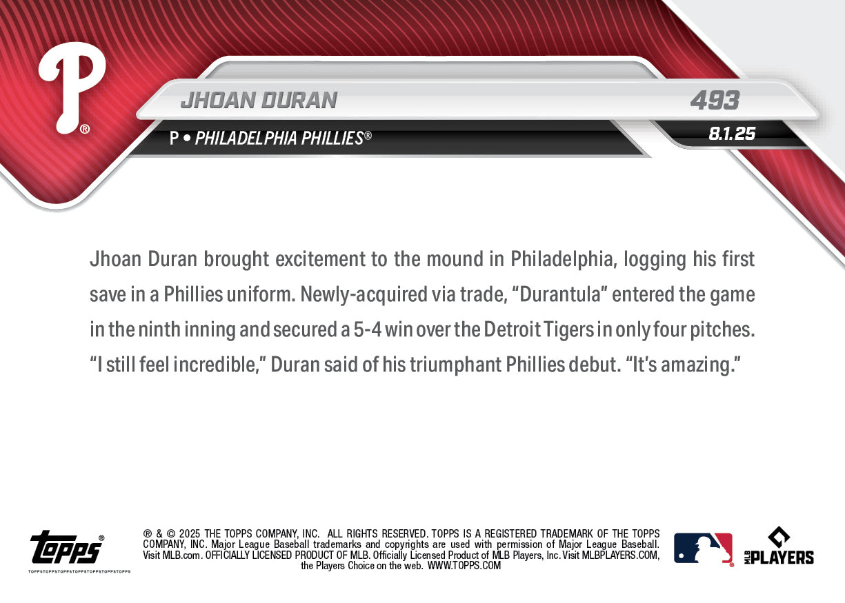 Jhoan Duran - 2025 MLB Topps NOW® - Card 493 - PR: 1295