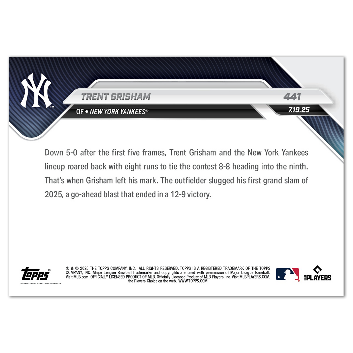 Trent Grisham - 2025 MLB Topps NOW® - Card 441 - PR: 639