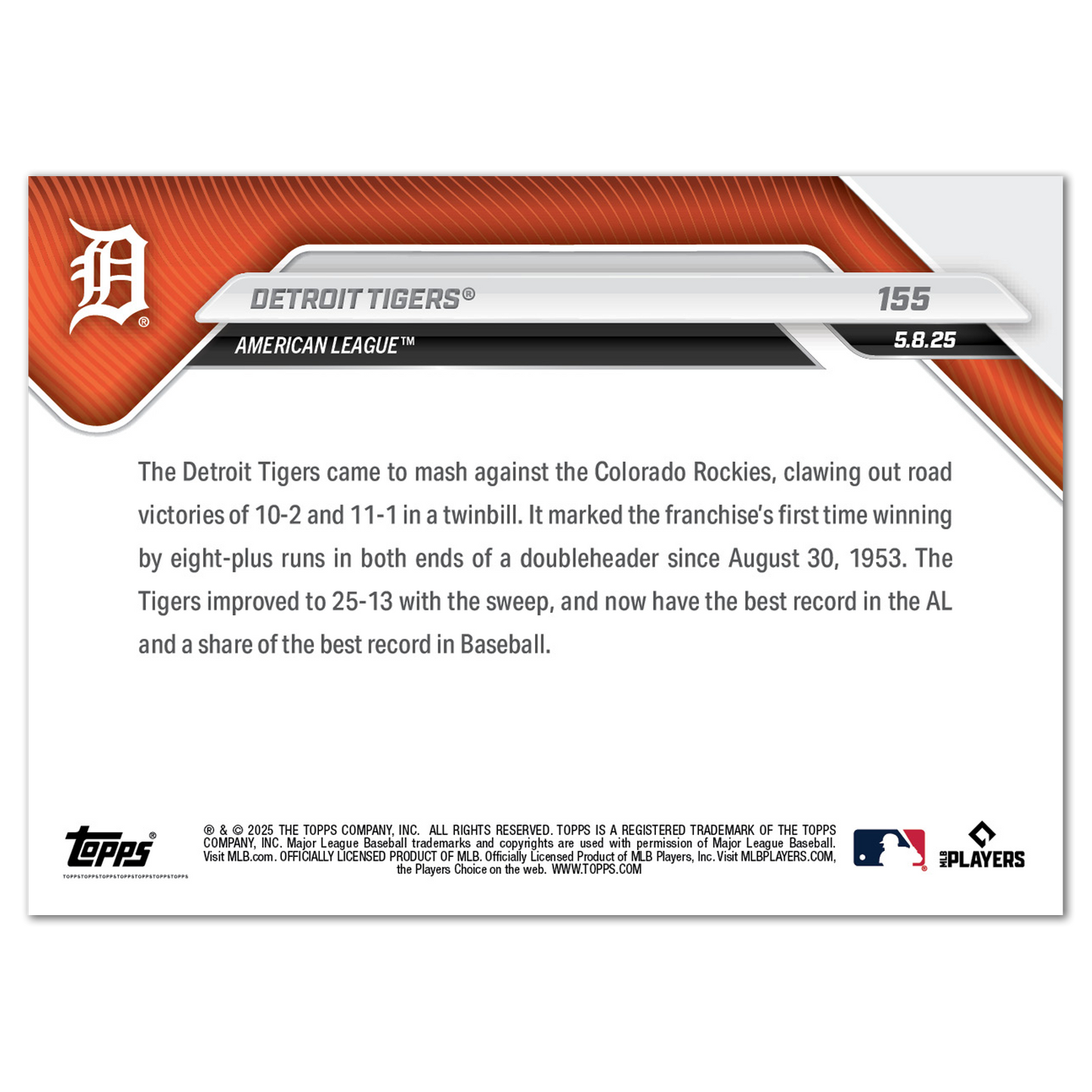Detroit Tigers - 2025 MLB Topps NOW® - Card 155 - PR: 648