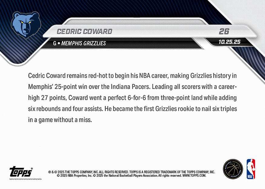 Cedric Coward - 2025-26 NBA Topps NOW® - Card 26 - PR: 1091