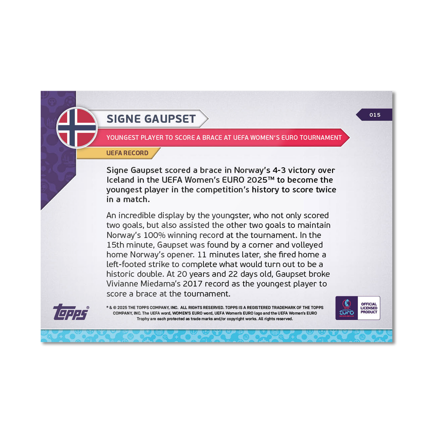 Signe Gaupset - UEFA Women’s EURO 2025™ Topps NOW® - Card 15 - PR: 198