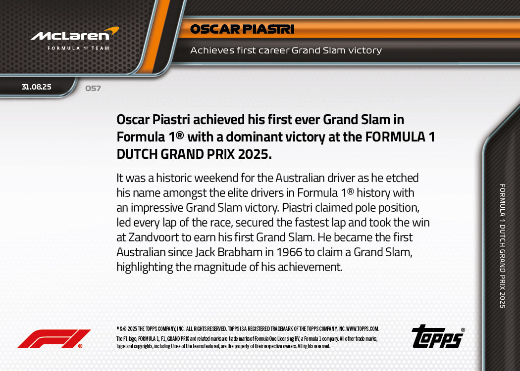 Oscar Piastri - 2025 Formula 1® Topps NOW® - Card 57 - PR: 5164