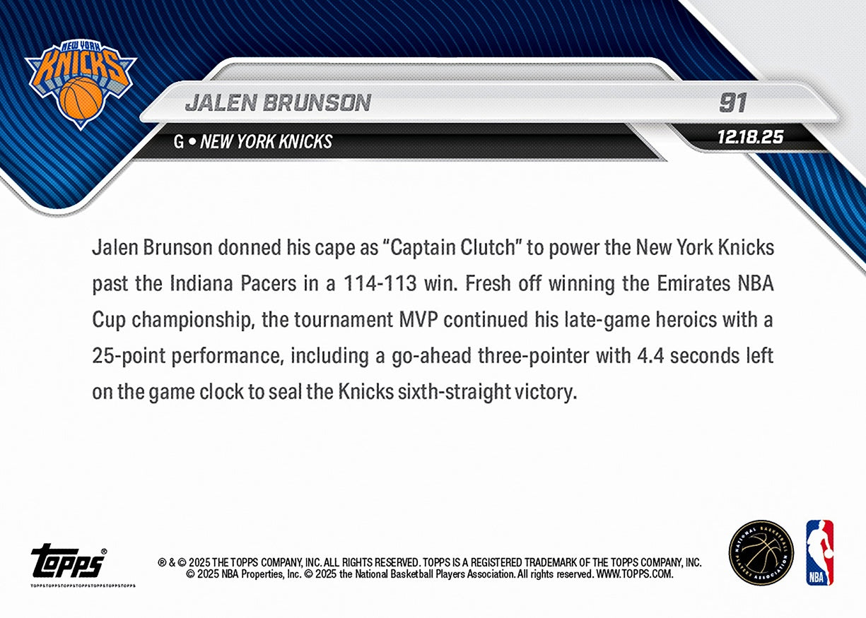 Jalen Brunson - 2025-26 NBA Topps NOW® - Card 91 - PR: 488