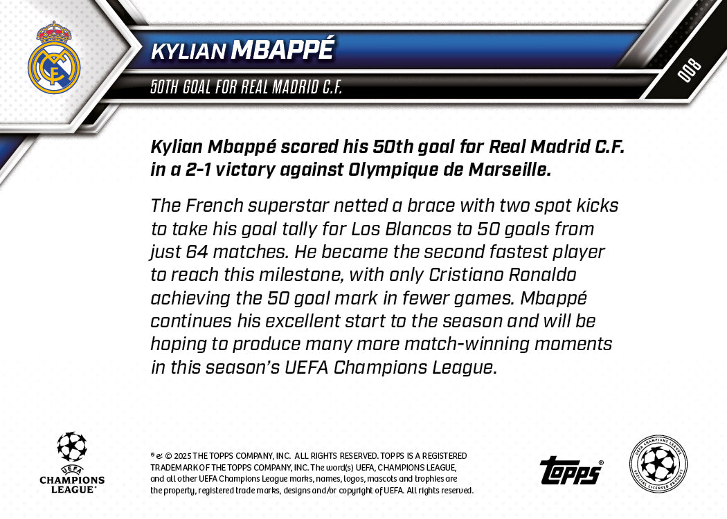 Kylian Mbappé - 2025-26 UCL Topps NOW® Card 8 - PR: 1353