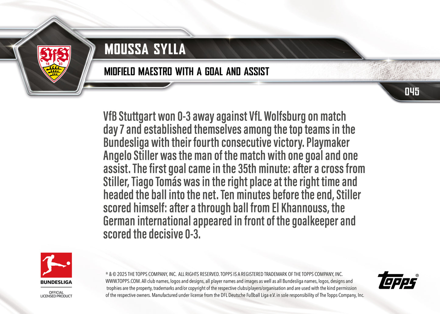 Angelo Stiller - 2025-26 Bundesliga Topps NOW® - Card 45 - PR: 188