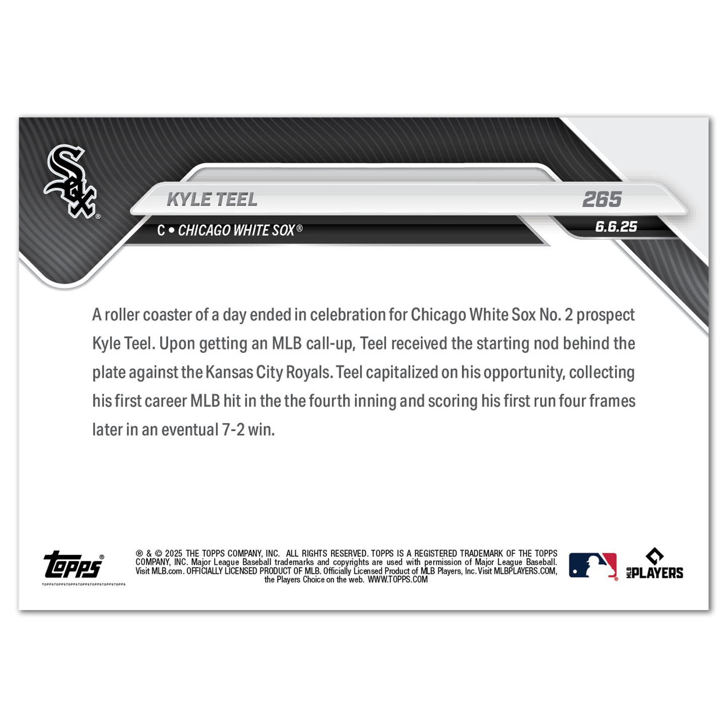 Kyle Teel - 2025 MLB Topps NOW® - Card 265 - PR: 1654