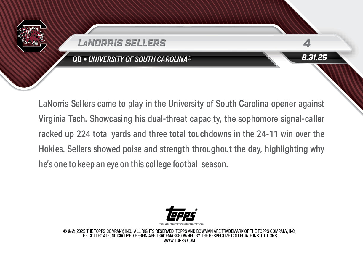 LaNorris Sellers - 2025-26 Bowman U NOW® Football - Card 4 - PR: 2438